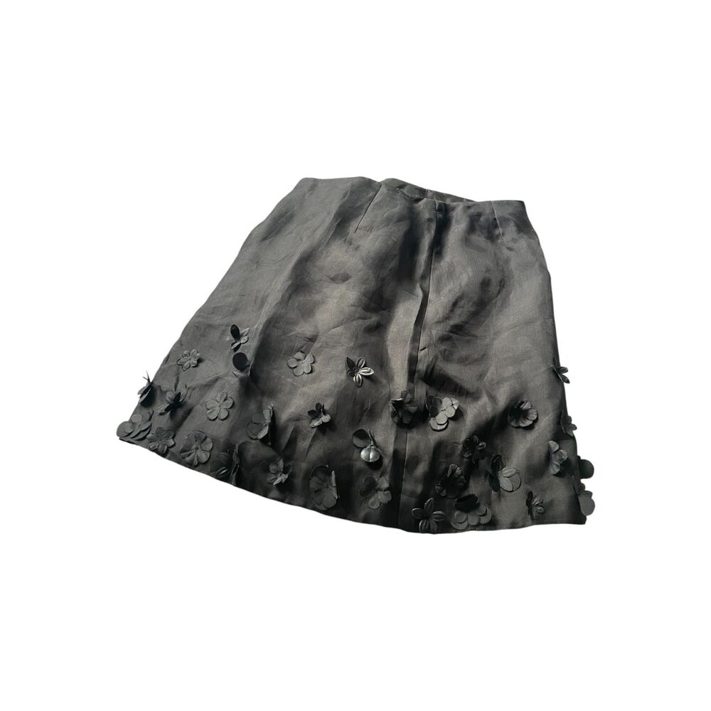 Vintage Y2K Rouge a Levres Black Silk A-Line Mini Skirt 3D Floral Applique